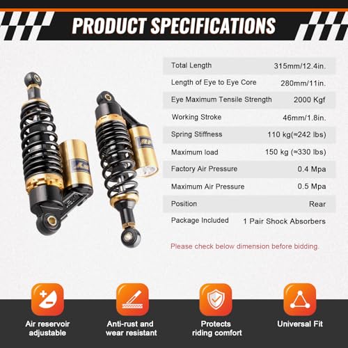 11" Rear Adjustable Air Shock Absorbers eye to eye 50-110cc Universal - color: Black Gold, size: 280MM