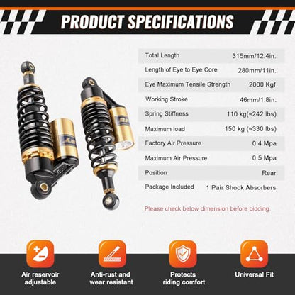 11" Rear Adjustable Air Shock Absorbers eye to eye 50-110cc Universal - color: Black Gold, size: 280MM