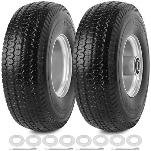 4.10/3.50-4" Flat Free Tires, 10 Inch Solid Tires and Wheels Replacement with 5/8" Axle Bore Hole, 2.2" Offset Hub for Hand Truck, Garden Cart, Lawn Cart, Wheelbarrow, 2 Pack - color: Silver (Wave), size: 10" - 2P