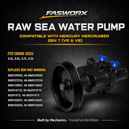 FASWORX Raw Sea Water Pump with Pulley Installed for MerCruiser 4.3L, 5.0L, 5.7L, 6.2L MPI V6 V8 Engines 350 MAG Bravo - Replaces 8M0137216, 46-8M0118067, 46-862914T10, 46-862914T3, 46-8M0122655