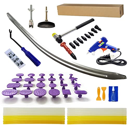 67pcs/Set Car Paintless Dent Removal Kit, Auto Fender Damage Repair Big Curved Rod Crowbar Puller Lifter Rods Tools with Glue Tabs, Glue Sticks, Leveling Tools and more for Car Body Dent Repair