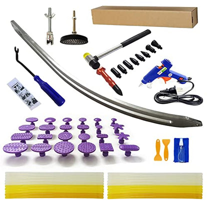 67pcs/Set Car Paintless Dent Removal Kit, Auto Fender Damage Repair Big Curved Rod Crowbar Puller Lifter Rods Tools with Glue Tabs, Glue Sticks, Leveling Tools and more for Car Body Dent Repair