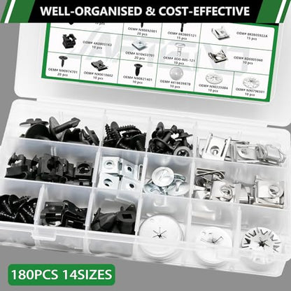 180pcs 14 Sizes Car Fastener Screw Nut Clip Assortment Kit