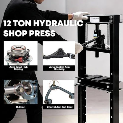 12 Ton H-Frame Hydraulic Shop Press with Adjustable Table Black - color: 12T-Black