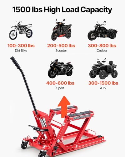 VEVOR Hydraulic Motorcycle Lift Jack, 1500 lbs Capacity, ATV Lift Jack Portable Motorcycle Hoist Stand with 4 Wheels, 4.5"-15.2" Height Range, Hydraulic Foot-Operated Hoist Stand for ATVs, Dirt Bikes - color: Red