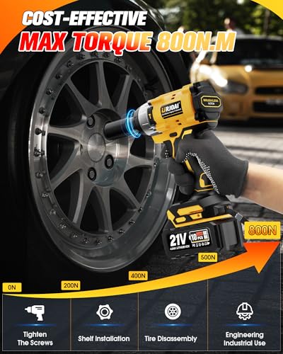 Urjoai Cordless Impact Wrench - 590Ft-lbs (800N.m) Brushless 1/2 inch, 3300RPM High Torque Impact Gun, 2x 4.0Ah Battery, Charger & 7 Sockets, Electric Impact Wrench for Car Home