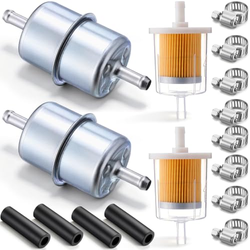 Tallew 2 Sets Universal In-line Fuel Filter Kit with 3/8" Clamp-on Inlet Outlet, Fuel Line Hose, Hose Clamps, Metal and Clear Filter Max Pressure 60 Psi for Lawn Mower, Tractor, Small Engine