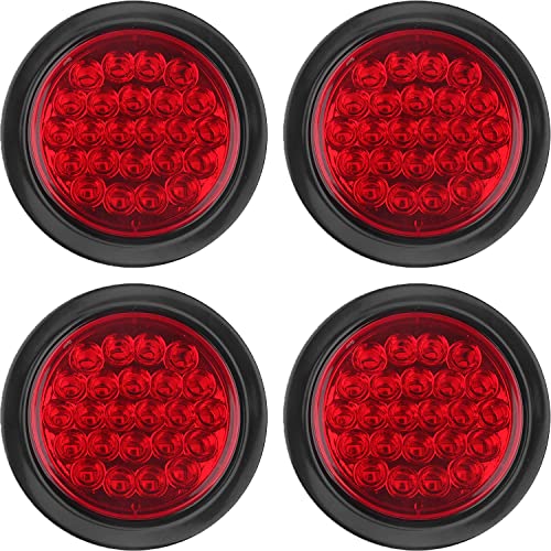 4Pcs 4 Inch Round LED Trailer Tail Lights Red 24 LED Waterproof, 4 Inch Round Led Stop Turn Brake Tail Lights Flush Mount for Trucks RV Include Lights Grommets 3-Prong Wire Pigtails 12V Sealed