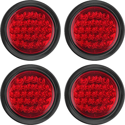 4Pcs 4 Inch Round LED Trailer Tail Lights Red 24 LED Waterproof, 4 Inch Round Led Stop Turn Brake Tail Lights Flush Mount for Trucks RV Include Lights Grommets 3-Prong Wire Pigtails 12V Sealed
