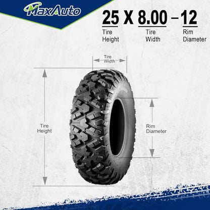 MaxAuto AT25x8-12 ATV UTV Tires, 25x8x12 All Terrain ATV Tires for All Trail Tire, 25 8 12 Mud Sand Off-Road Tire 205/80-12, 6PR Tubeless, 2 Pack - size: 25X8-12