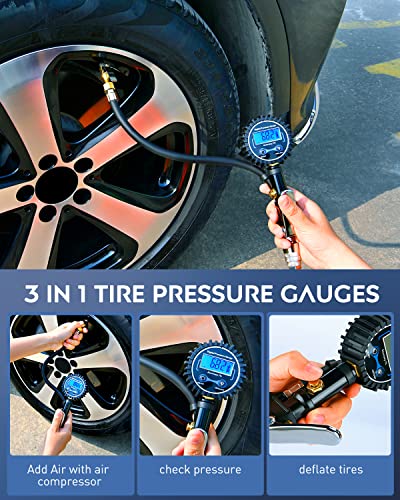 Nilight - 50057A Digital Tire Inflator Deflator with Pressure Gauge 250 PSI Air Chuck and Compressor Accessories with Rubber Hose and Quick Connect Coupler for 0.1 Display Resolution - color: Tire Inflator Gauge Style 2