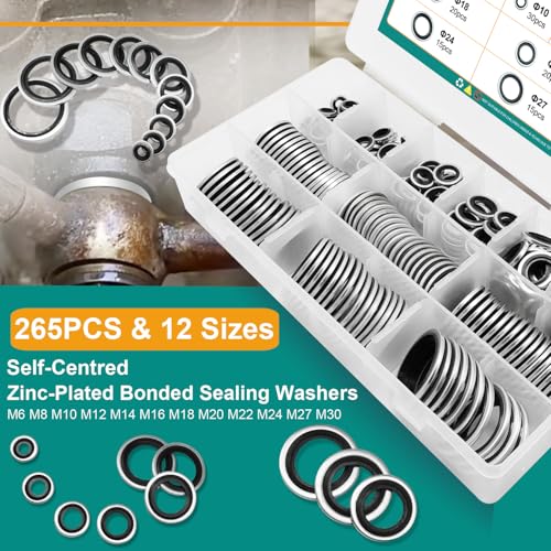 265PCS NBR Metal Bonded Sealing Washers Metric Zinc-Plated Self-Centred - color: 265pcs Sealing Washers