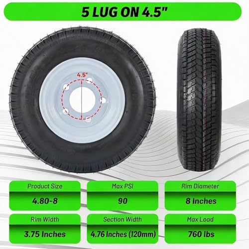 2 Pack 4.80-8 4.80x8 480-8 4.80-8 Trailer Tires with 8'' Rims, 5 Lug on 4.5'', Load Range C, 6PR - size: 480-8, style: 5 Lug