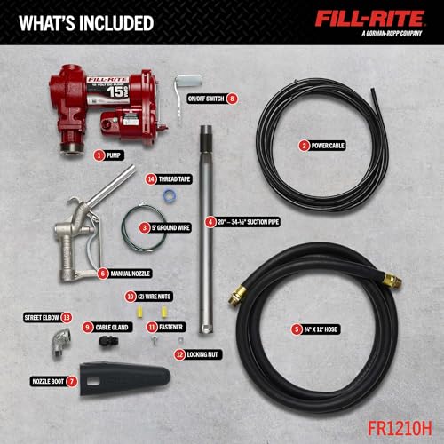 Fill-Rite FR1210H 12V 15 GPM Fuel Transfer Pump with Discharge Hose & Manual Nozzle | Gasoline, Diesel, Kerosene, Ethanol & Methanol Blends & Biodiesel - style: Manual Nozzle