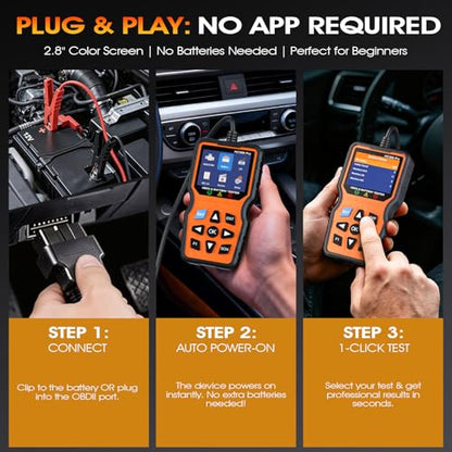 OBD2 Scanner with Battery Tester, 2-in-1 Design 1-Sec Read/Clear Check Engine Code Reader, 12V Car Battery Health & Charging System Analyzer, Universal Auto Diagnostic Tool for 1996+ Cars