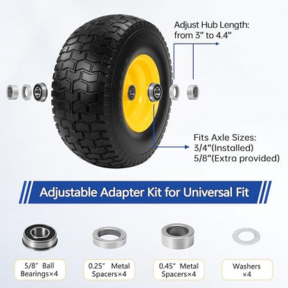 2 Pcs 15x6.00-6 Flat Free Lawn Mower Tire and Wheel, 3/4" & 5/8" Bearings - size: 2 Pcs 15x6.00-6 Flat Free