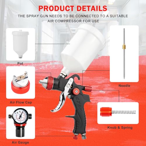 HVLP Spray Gun with 1.4/1.7/2.0mm Nozzles and Accessories Red - color: Red