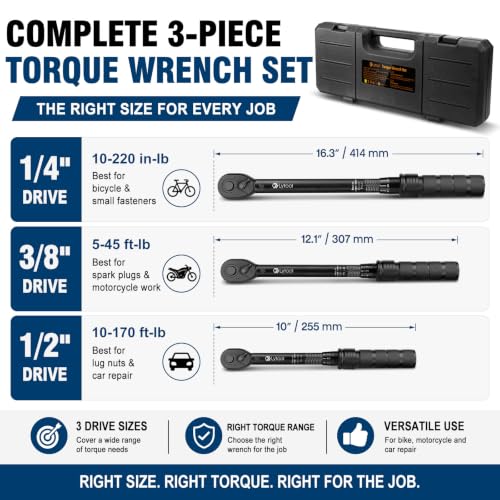 Lytool 3 Pcs Torque Wrench Set (1/4", 3/8", 1/2" Drive Click Type, ±3%)