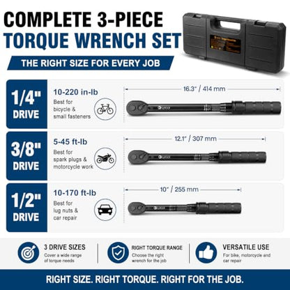 Lytool 3 Pcs Torque Wrench Set (1/4", 3/8", 1/2" Drive Click Type, ±3%)