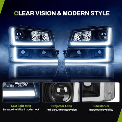 AUTOSAVER88 LED DRL Projector Headlights Compatible with 03-06 Silverado - color: LED Projector - Black/Clear/Clear