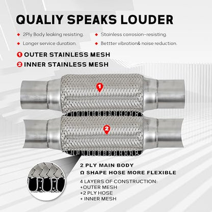 2''X6''universal stainless steel Exhaust Flex Pipe with Ends 10" Inch Long Heavy Dutydouble braided bendable exhaust Flex Pipe - size: 2''X6''X10''