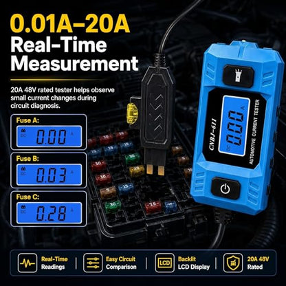 Automotive Circuit Fault Probe Tester, 20A 48V Parasitic Battery Drain Tester for Car Fuse Circuits, Inline Current Monitor with Digital Display, LED Work Light, Mini & Standard Blade Fuse Compatible