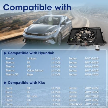 Engine Cooling Radiator Fan Assembly Fit for Hyundai Elantra 2017-2020, Elantra GT 2018-2020, Kia Forte 2019-2022, Reference Number 623820, 620-984, 25380F2000, 25380M6000, HY3115156 - size: 623820, HY3115156
