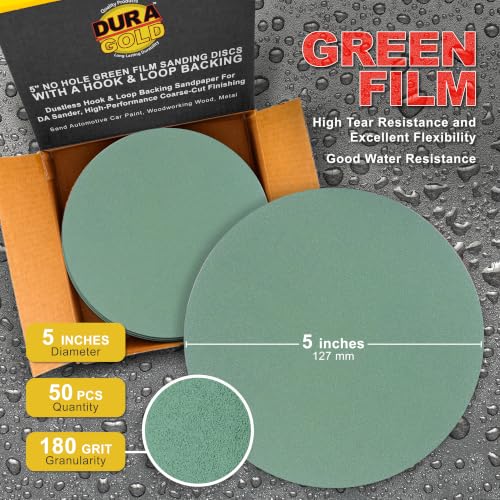 Dura-Gold 5" Green Film Sanding Discs, 180 Grit, Box of 50, Hook & Loop - size: 180-Grit