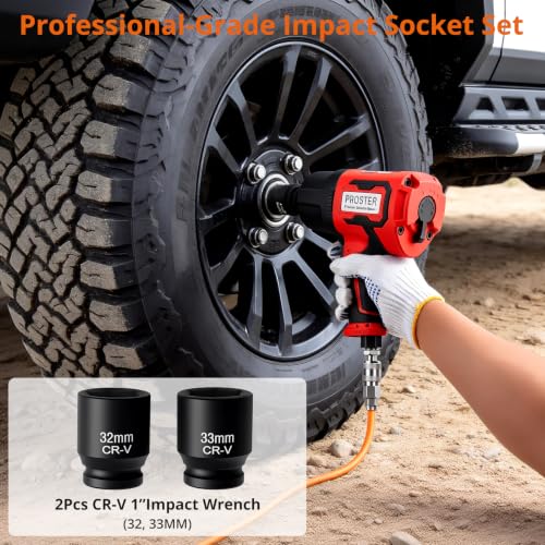 Proster 1" Air Impact Wrench - 2400ft-Lbs Torque 7000RPM w/ 32/33mm Sockets - size: 1 Inch