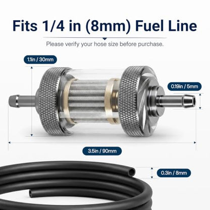 1/4" 8mm Inline Fuel Filter, Clear View, 304 Stainless Steel Mesh - 2 Pack