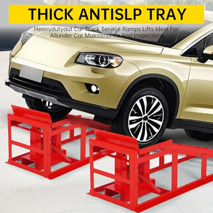 Car Ramps 12,000lbs Capacity – Heavy Duty Low Profile Steel Lift Ramps (2 Pack) with Adjustable Height 9.5" to 18" for Trucks, Trailers, SUVs & Garage Vehicle Repairs-Red