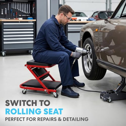 SIMPLI-MAGIC Foldable Z Creeper 2-in-1 Rolling Car Creeper & Seat, Adjustable Roller Garage Chair Lay Down or Sit, 330LBS Capacity Low-Profile Under Car Creeper with 6 Swivel Casters, Red - color: Red