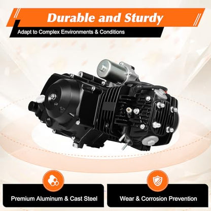 125CC 4-Stroke Engine Motor, 7.64HP 3-Speed Go Kart Engine for Motorcycles, Atvs, Go-Karts, Tricycles, Air Cooling System, Kick Start, Electric Start Engine