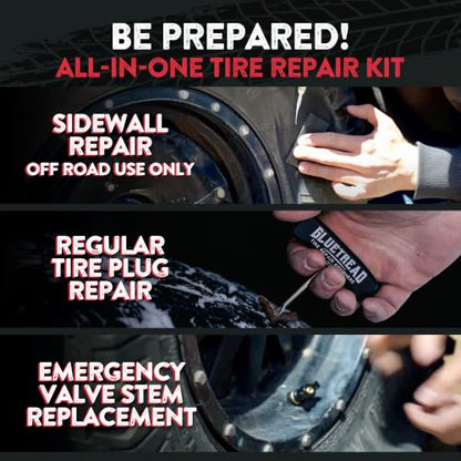 GlueTread Complete Off-Road Tire Repair Kit - Fix Sidewall Damage and Punctures - Includes Heavy Duty Tire Patch Kit, Plugs & Colby Emergency Valve Stem - Enhanced Rubber Formula, Fast Setting