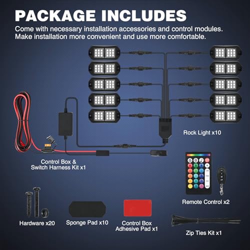 Nilight RGB LED Rock Lights Kit 10 PCS 18LED Wide Angle Wheel Well Light - color: RGB 18LED, size: 10 Pods