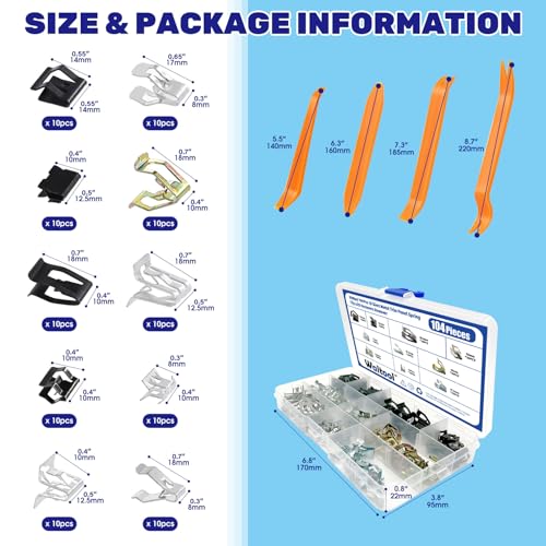 104Pcs Metal Auto Trim Panel Spring Clip Assortment Set with Removal Tools, 7.9/10/ 11/13.1/14.1/15.3/15.8/16/17.3/18.2mm Car U-Clip Moulding Fastener Compatible with Audi VW