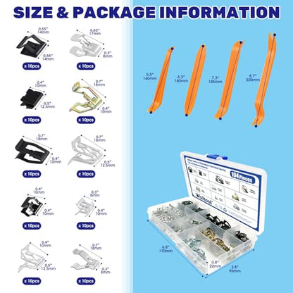 104Pcs Metal Auto Trim Panel Spring Clip Assortment Set with Removal Tools, 7.9/10/ 11/13.1/14.1/15.3/15.8/16/17.3/18.2mm Car U-Clip Moulding Fastener Compatible with Audi VW