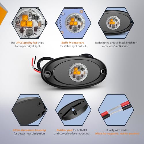 Nilight 6 PCS Pink Amber LED Rock Lights Underglow Wheel Well Fender Pods - color: Amber, size: 6Pcs Pods