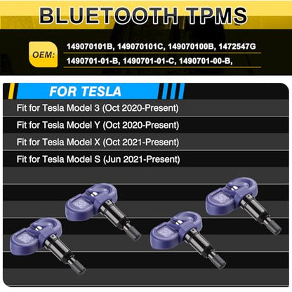 Bluetooth TPMS Sensor-4-Pack for Tesla Model 3/Y 2020+, X/S 2021+, Snap-in Tire Pressure Monitor, Replaces 149070101B - size: 14907-0101B