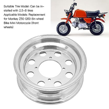 8in Motorcycle Front Cast Wheel Rim for 2.5‑8 Tires, Aluminium Alloy Polished Front Wheel Vacuum Rim Wheel for Monkey Z50 Q50 Front Wheel Replacement