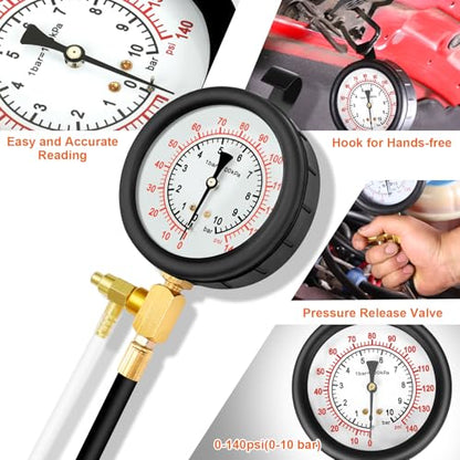 Pro Fuel Injection Pressure Tester Kit Gauge 0-140 PSI with 9.49,7.89,6.30 Fuel Line Fittings - size: Master