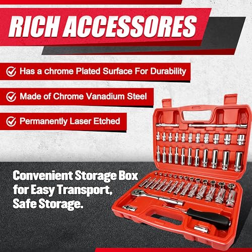 EACELIY 54pcs 1/4" Socket Set,Drive Impact Socket Set, SAE/Metric, Deep & Shallow with Universal Joint,Extension Bars,Hex Bit Holder, Spinner Handle,Ratchet,Cr-V Steel，6 Point，4-14mm，5/32-9/16 inch - size: 54PCS 1/4inch