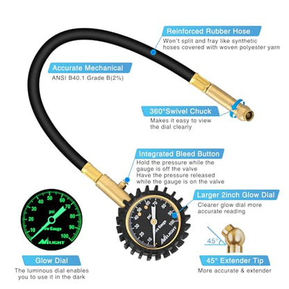 Nilight 100PSI Tire Pressure Gauge Glow Dial 14" Extended Hose - color: Night Glow Tire Gauge