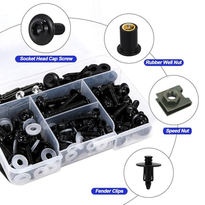 Motorcycle Fairing Bolt Kit 210Pcs, 304 Stainless Steel M5 M6 Black