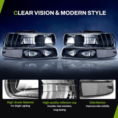 AUTOSAVER88 Headlights Compatible with 1999-2002 Chevy Silverado - color: Black Clear