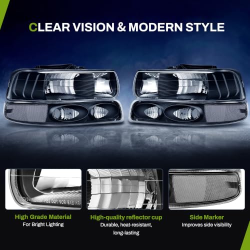 AUTOSAVER88 Headlights Compatible with 1999-2002 Chevy Silverado - color: Black Clear