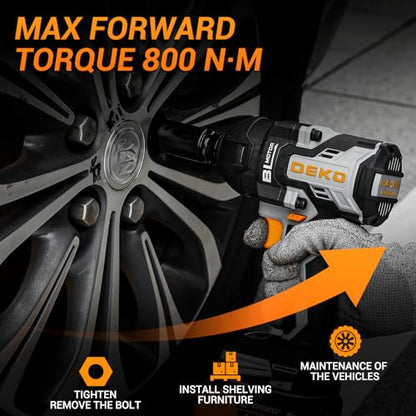 Cordless Impact Wrench:DEKOPRO 590ft-lbs/800N.m Impact Gun, 1/2" Brushless Impact Wrench with 4.0Ah Battery, 4 Sockets, LED Light for Car Home