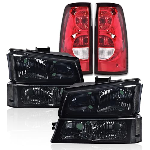 G-PLUS Headlights Assembly & Tail Lights Fit Chevy Silverado 1500 1500 HD 2500 2500 HD 2003-2006, Smoky Lens Black Housing Clear Reflector Headlamps Assembly Red Taillights - color: Smoky Lens Black Housing Clear Reflector & Red, size: Basic