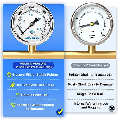 MEANLIN MEASURE 0~3000Psi Stainless Steel 1/4" NPT 2.5" FACE DIAL Liquid Filled Pressure Gauge WOG Water Oil Air Center Back Mount, with 1/2" NPT and 3/8" NPT Hex Bushing - size: 0-3000Psi