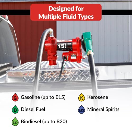 Fill-Rite FR1210HA1 12V 15 GPM Fuel Transfer Pump with Discharge Hose & Automatic Nozzle, Green - Gasoline, Diesel, Kerosene, Ethanol & Methanol Blends & Biodiesel - style: Auto Nozzle (Green)